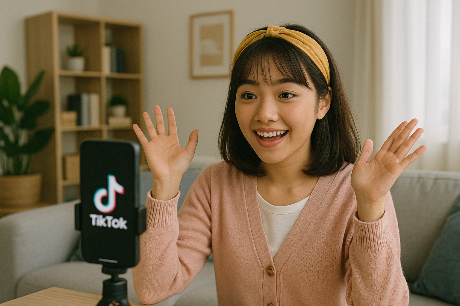 Perempuan Gen Z Asia sedang membuat konten TikTok dengan ponsel di kamar bergaya modern.