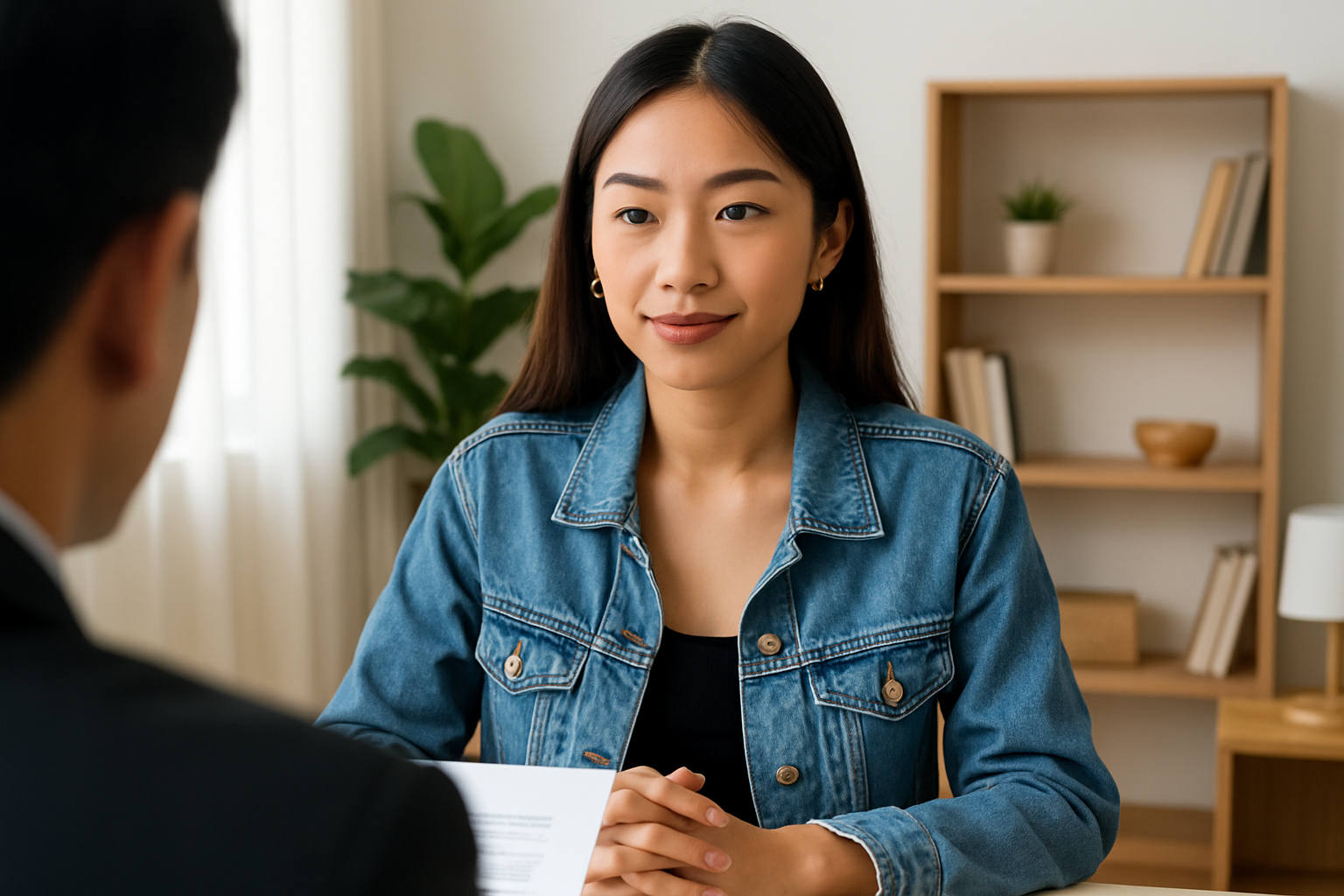Perempuan muda Asia sedang wawancara kerja di kantor.