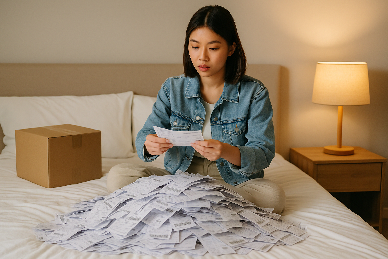 Perempuan muda Asia memeriksa tumpukan resi pengiriman di atas tempat tidur.