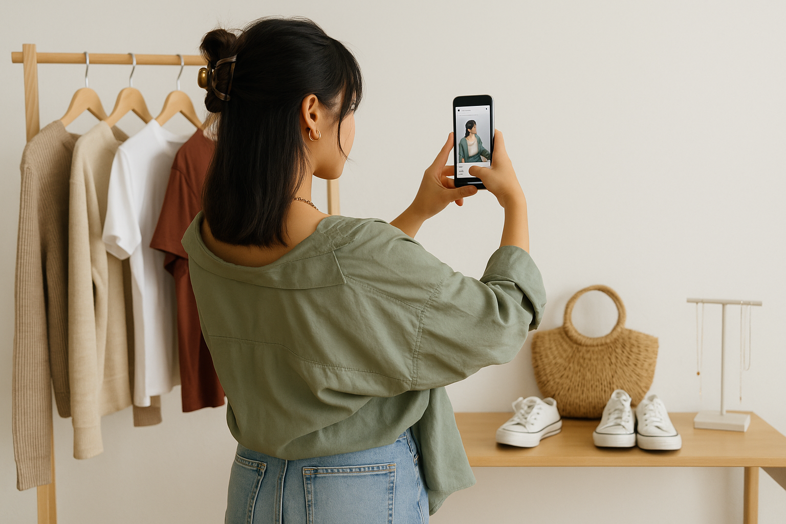 Perempuan muda Asia sedang mengambil foto produk fashion untuk Instagram.
