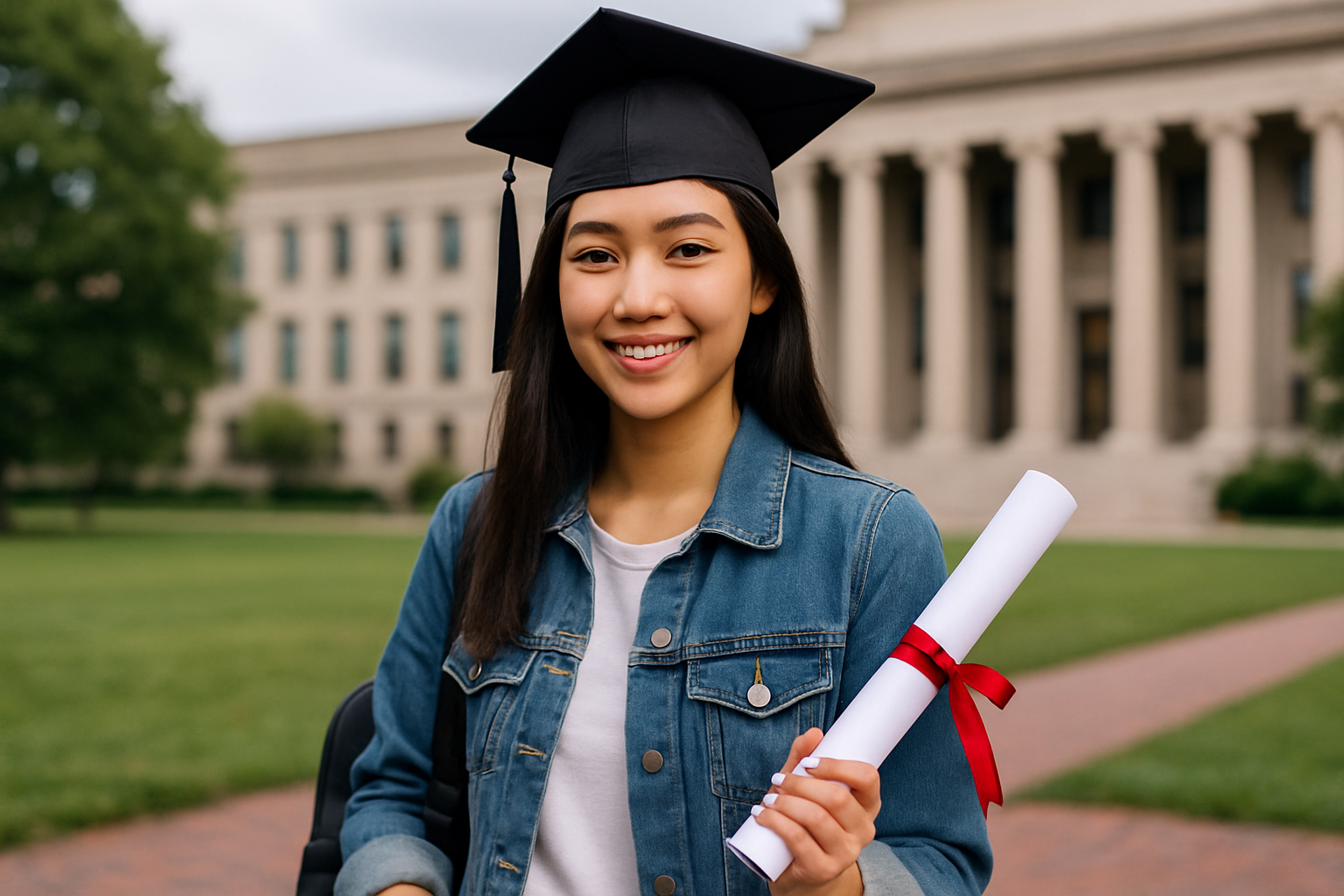 Perempuan muda Asia memakai toga dan memegang ijazah di depan gedung kampus.