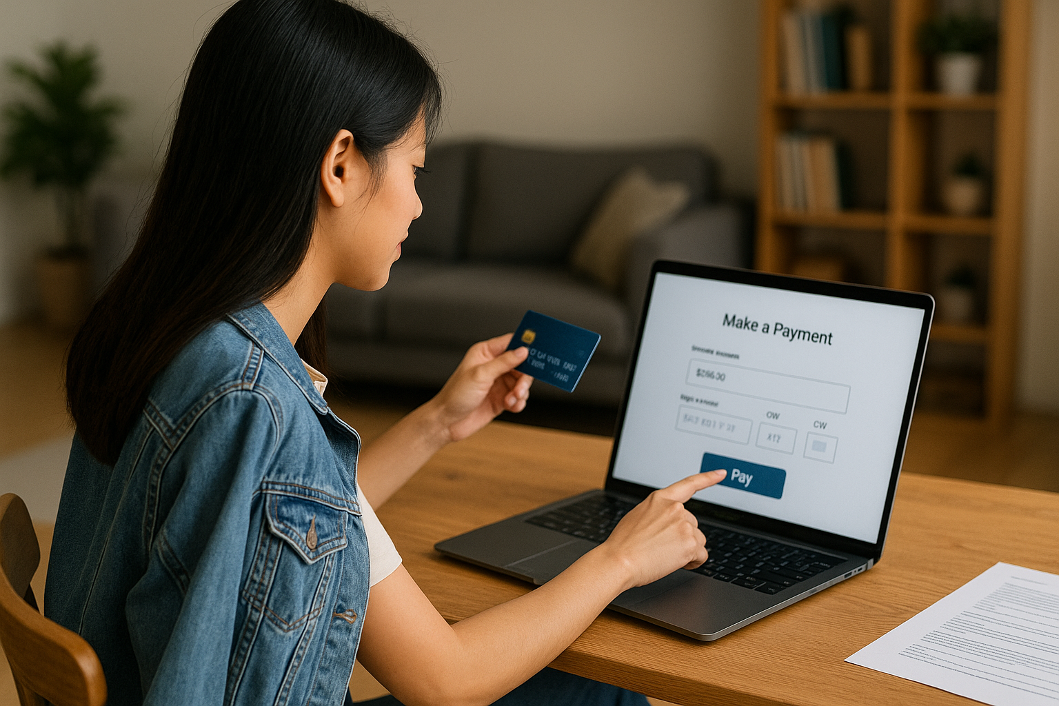 Perempuan muda Asia sedang melakukan pembayaran online dengan laptop dan kartu.