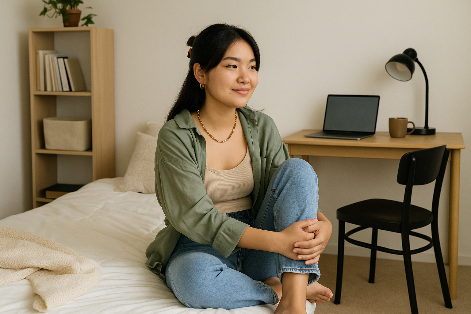 Perempuan muda Asia duduk santai di kamar kos dengan laptop di meja.