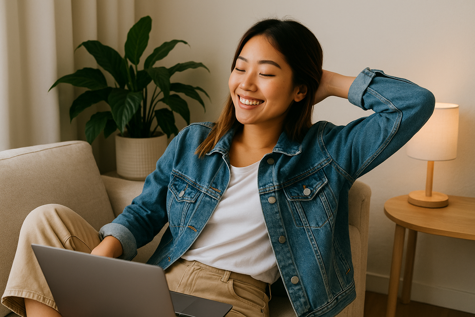 Perempuan muda Asia tersenyum santai di sofa dengan laptop di pangkuan.