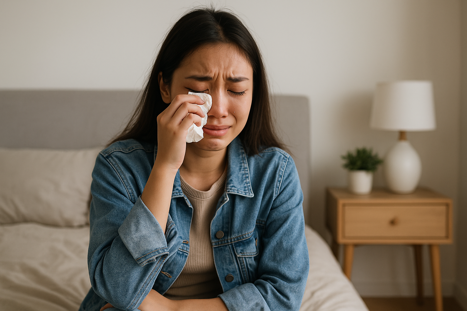 Perempuan muda Asia menangis di kamar sambil memegang tisu.