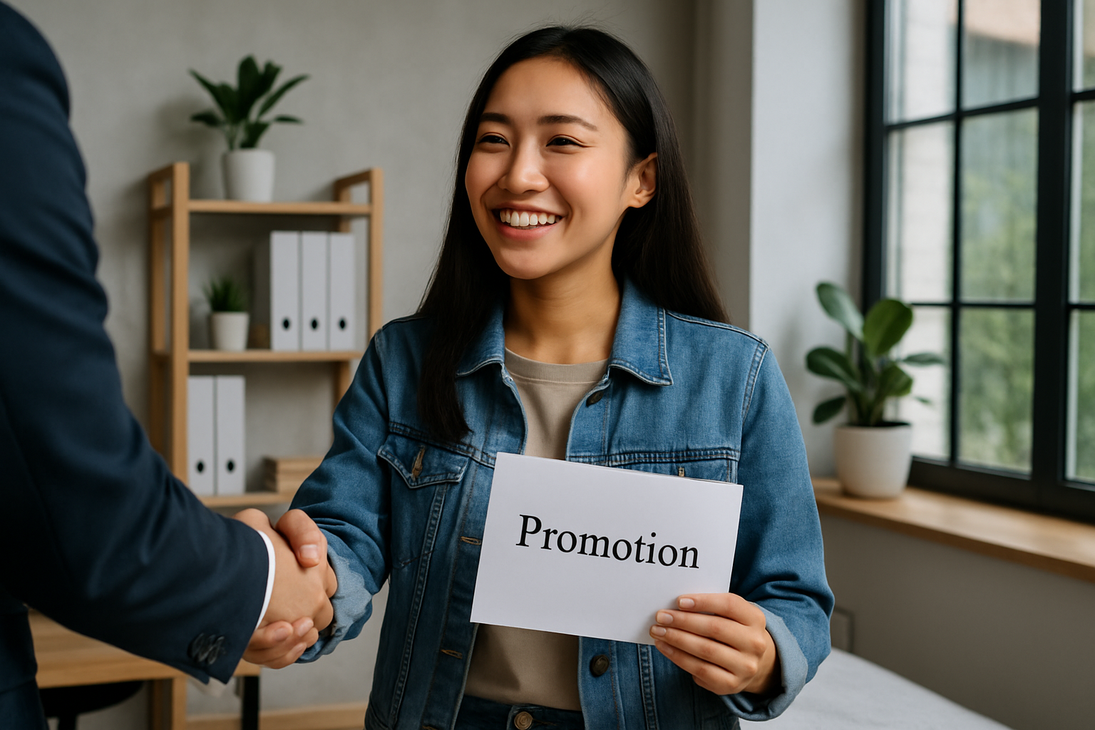 Perempuan muda Asia tersenyum sambil menerima sertifikat promosi jabatan.