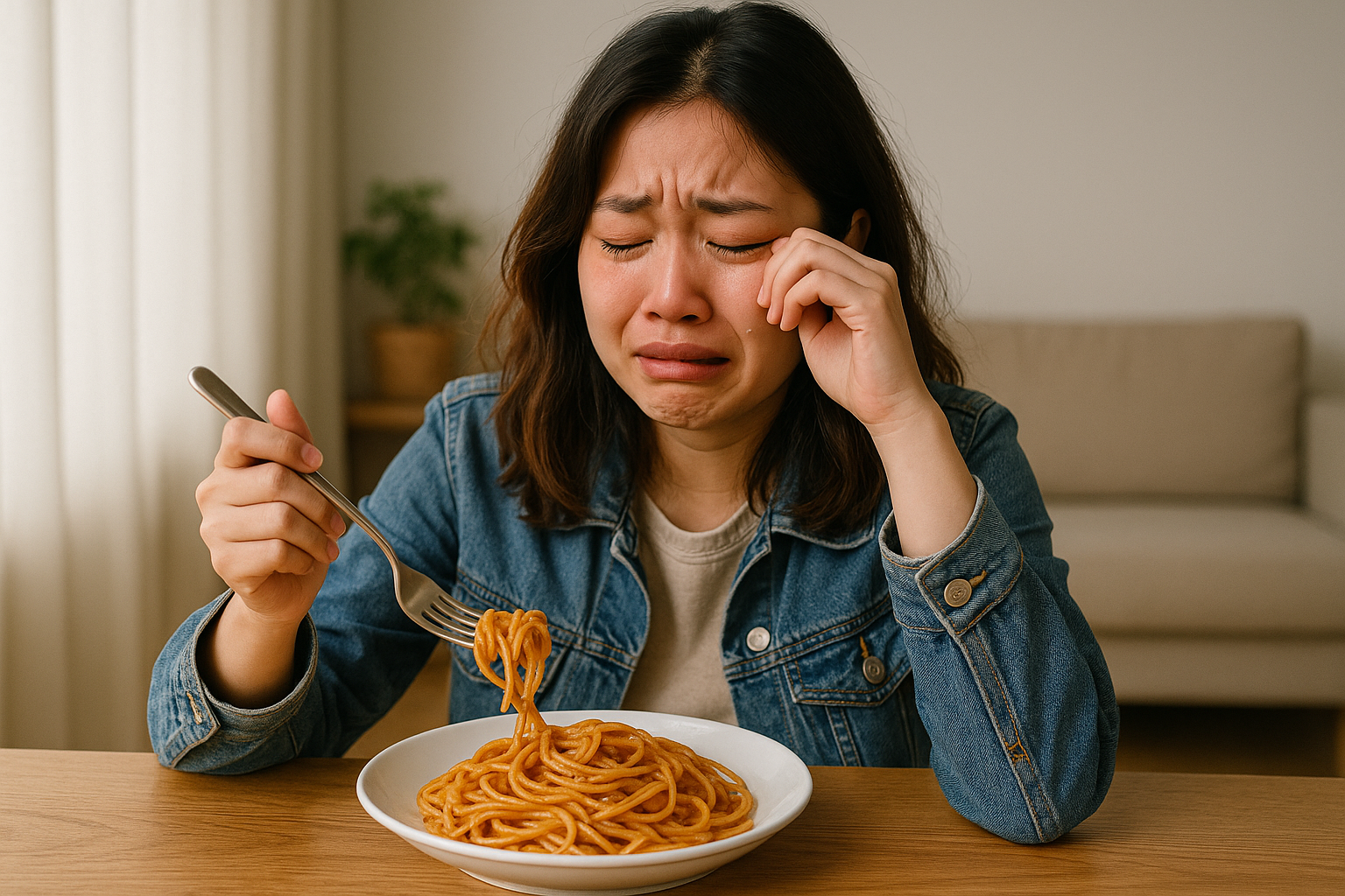 Perempuan muda menangis sambil makan spaghetti di meja makan.