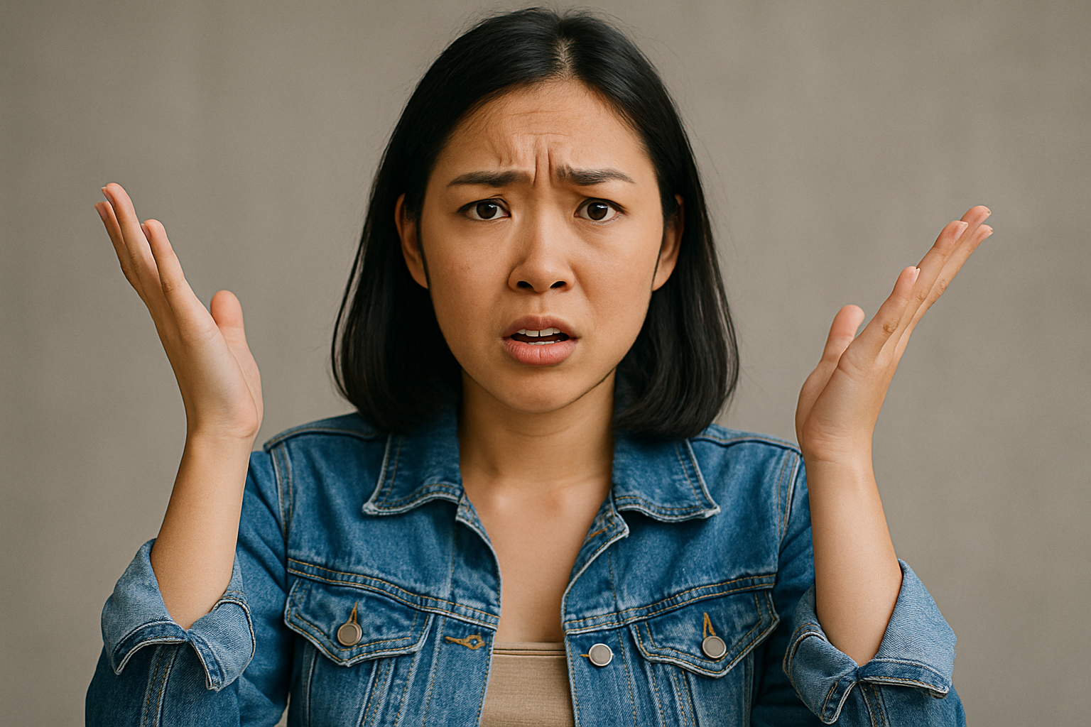Perempuan muda menunjukkan ekspresi bingung dengan tangan terangkat.