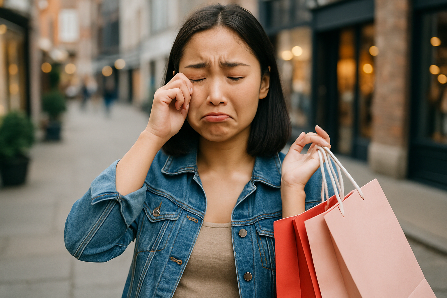 Perempuan muda menangis sambil membawa tas belanja.