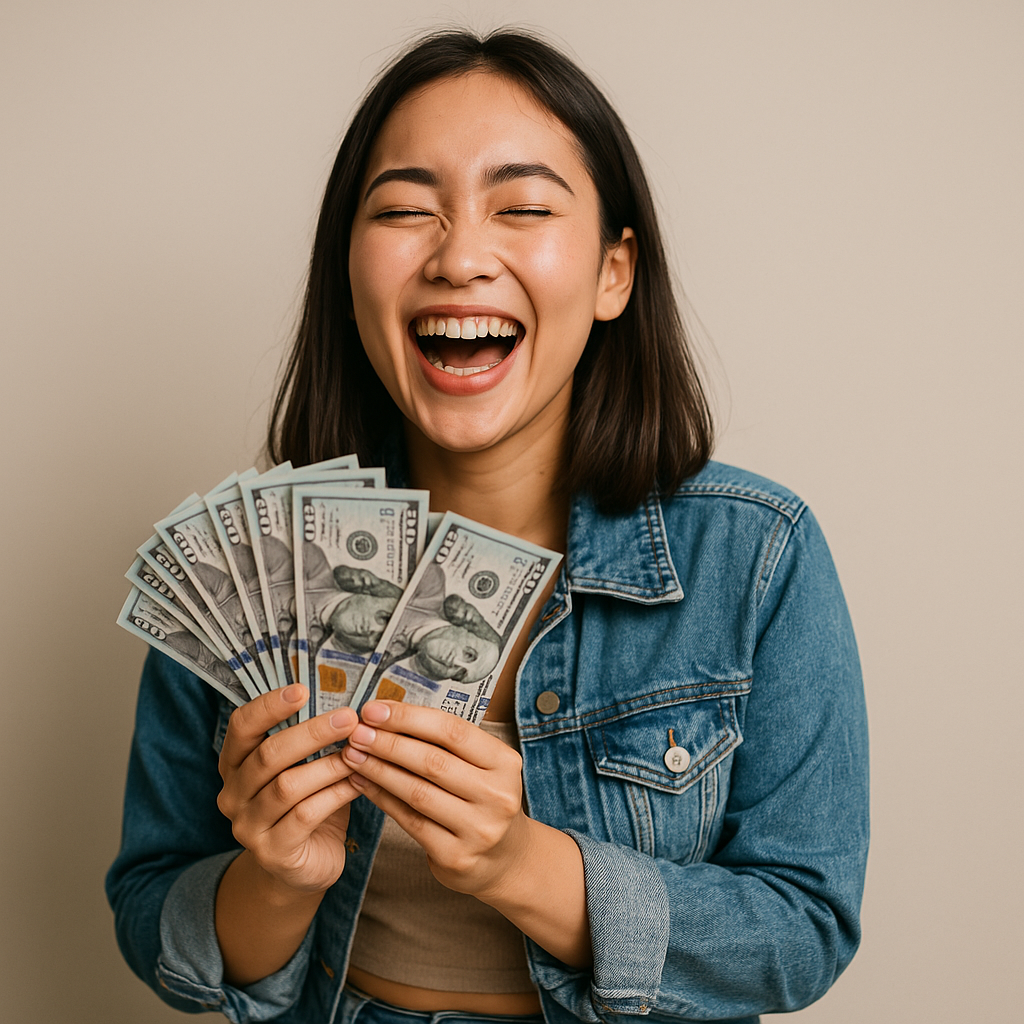 Perempuan muda tertawa sambil memegang banyak uang dolar.