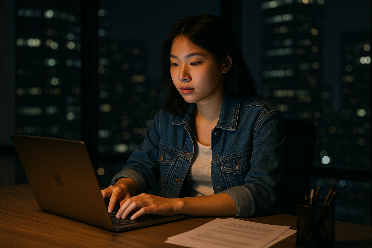 Perempuan muda bekerja dengan laptop di kantor malam hari.