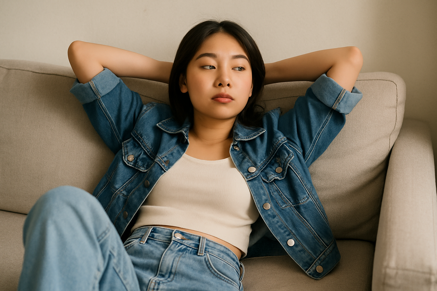 Perempuan muda Asia santai di sofa dengan pakaian kasual denim.