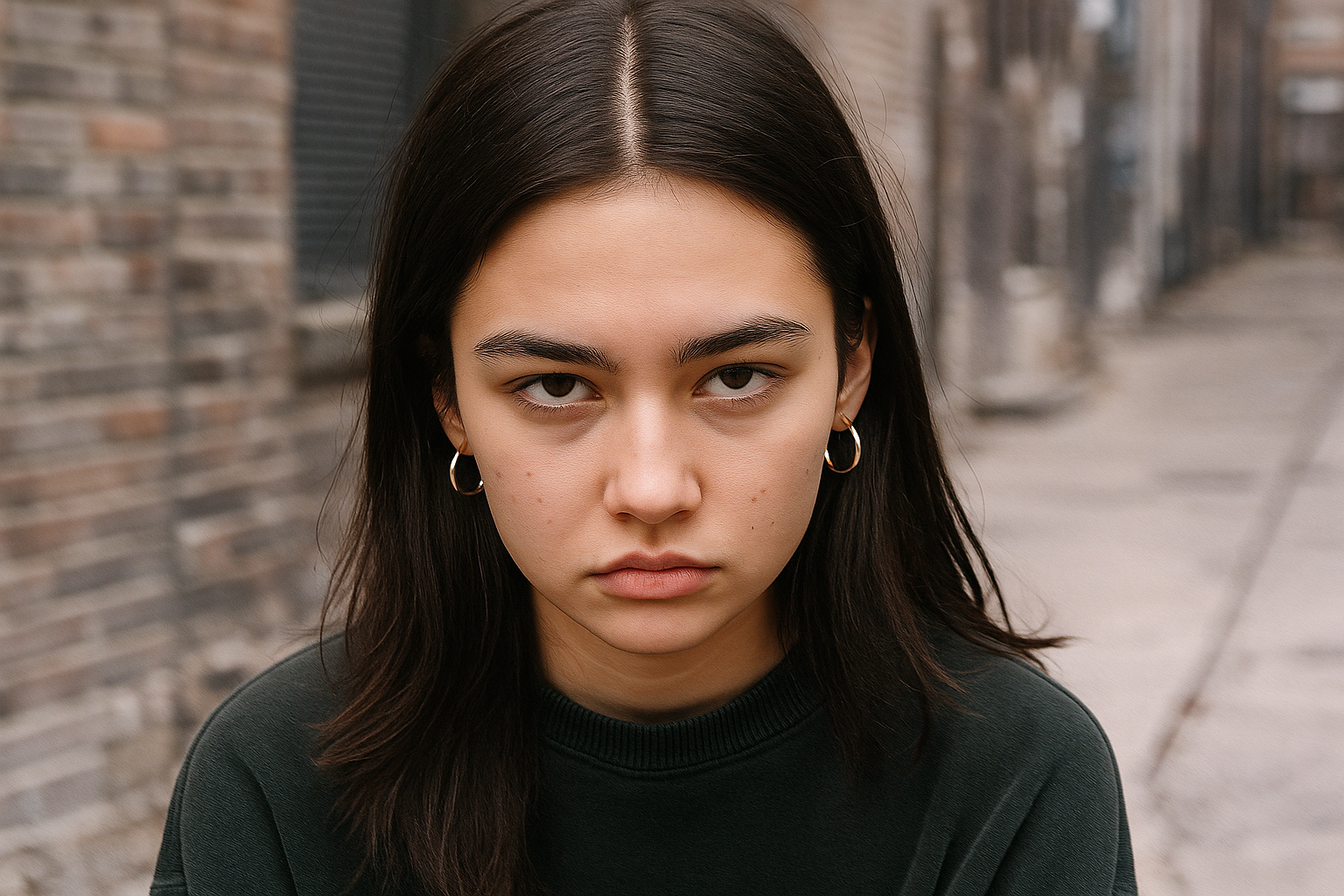 Seorang perempuan muda dengan ekspresi datar khas Gen Z Stare menatap kamera tanpa emosi di lingkungan perkotaan.