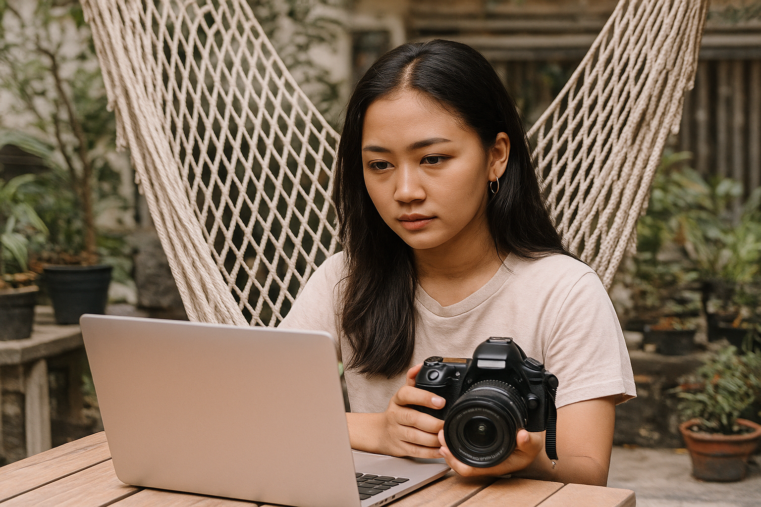 Seorang perempuan muda asal Indonesia sedang bekerja di laptop sambil memegang kamera, menolak rutinitas kerja kantoran demi mengejar dunia kreatif.