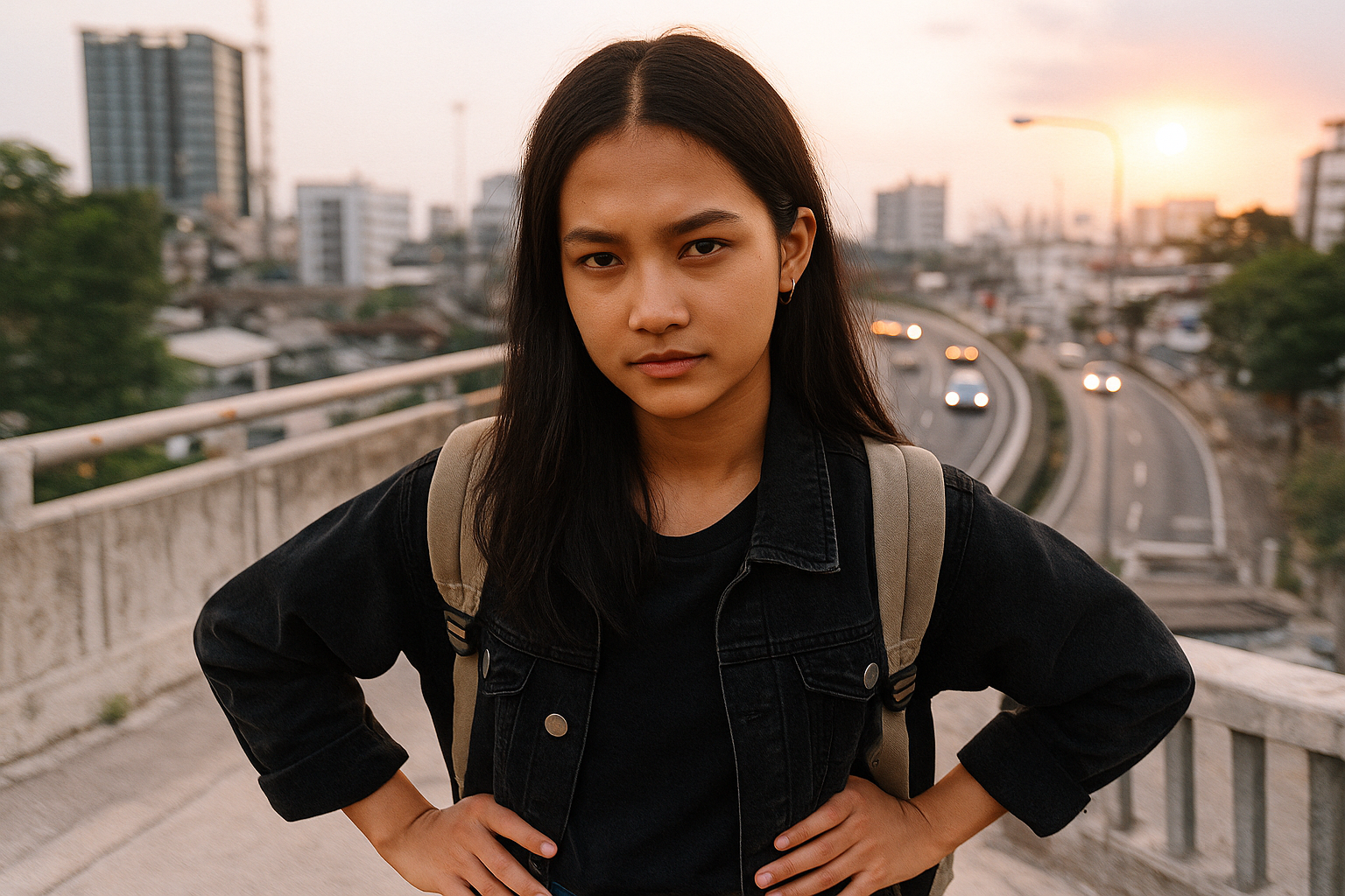 Seorang perempuan muda asal Indonesia berdiri percaya diri di atas jembatan kota saat senja, dengan ekspresi berani dan penuh tekad, menggambarkan semangat nekat khas Gen Z