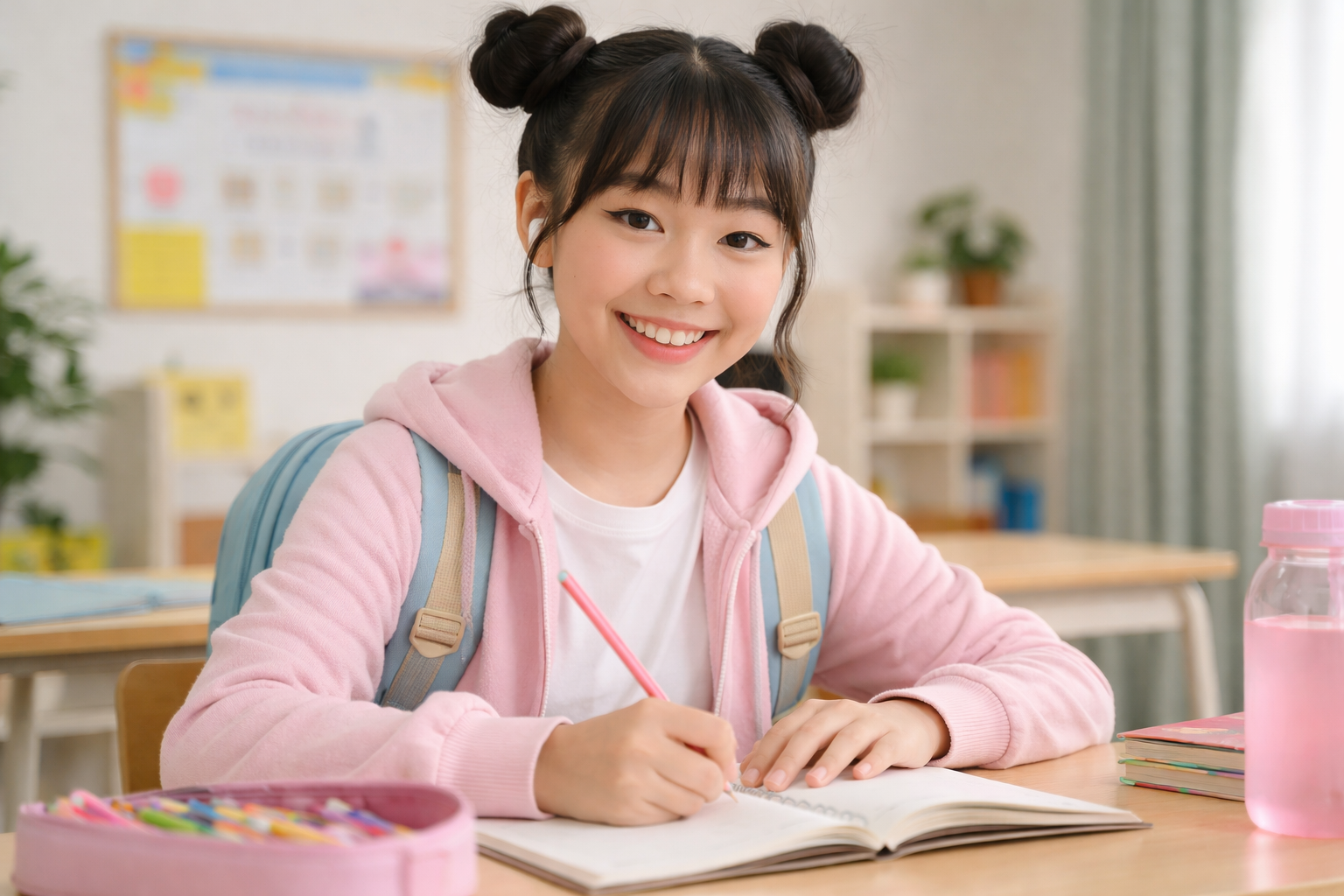 Siswi muda Asia tersenyum sedang belajar dan menulis di buku di dalam kelas.