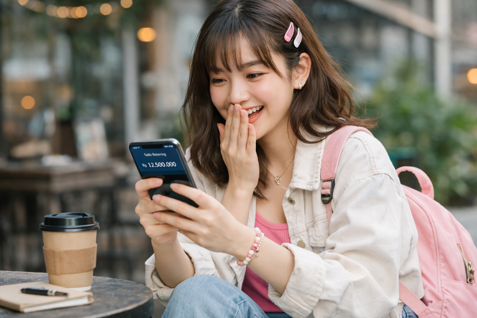 Perempuan Gen Z Asia tersenyum sambil melihat saldo gaji di aplikasi mobile banking