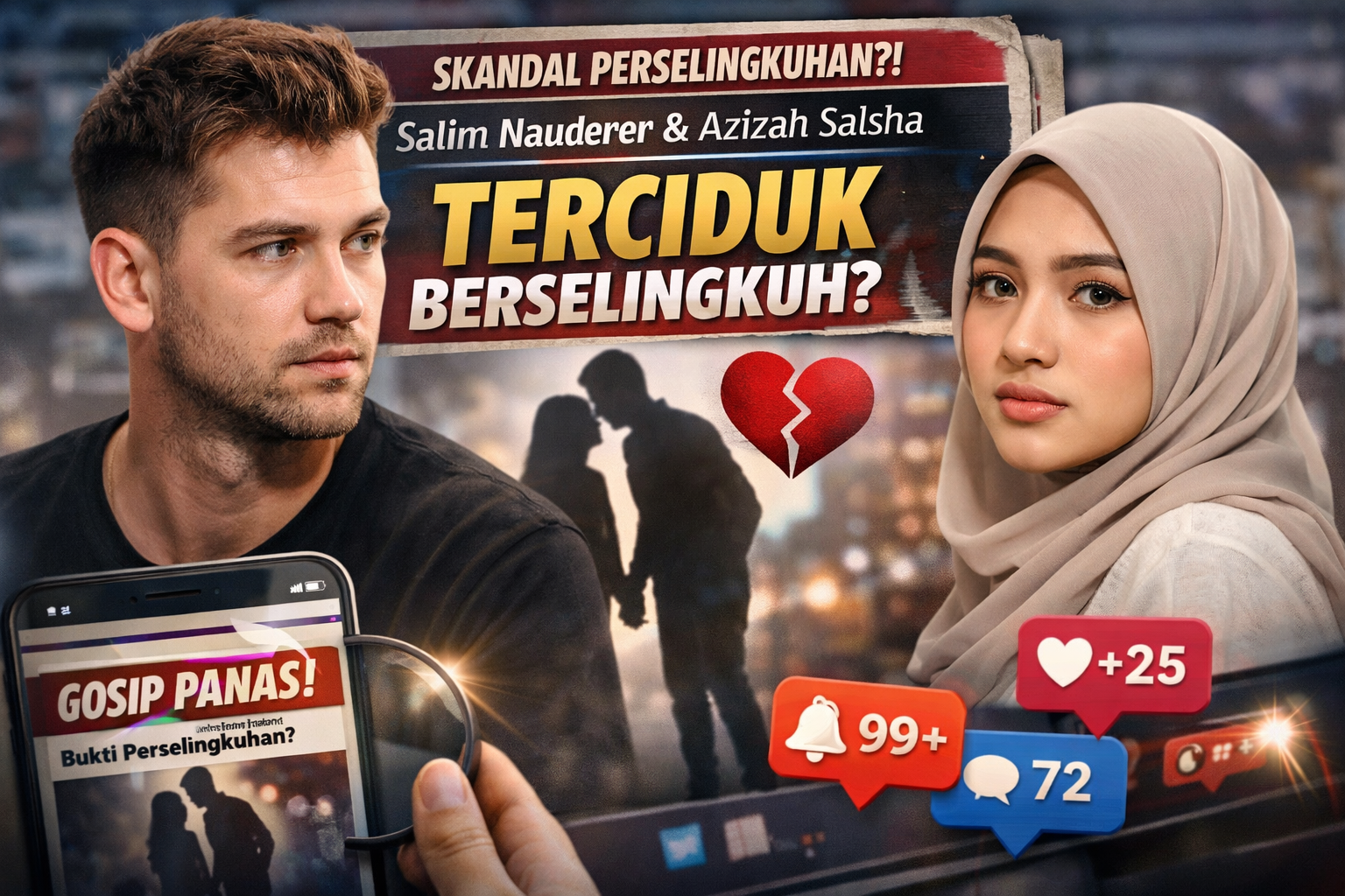 Ilustrasi digital dua figur publik dengan ekspresi serius, latar siluet pasangan dan ikon media sosial yang menggambarkan isu dugaan perselingkuhan yang ramai dibicarakan.