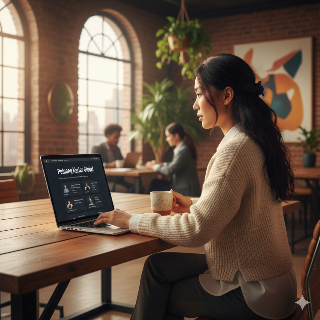 Seorang perempuan Asia mengenakan kardigan rajut sedang fokus melamar kerja melalui laptop di sebuah kafe atau kantor berkonsep industrial yang hangat.