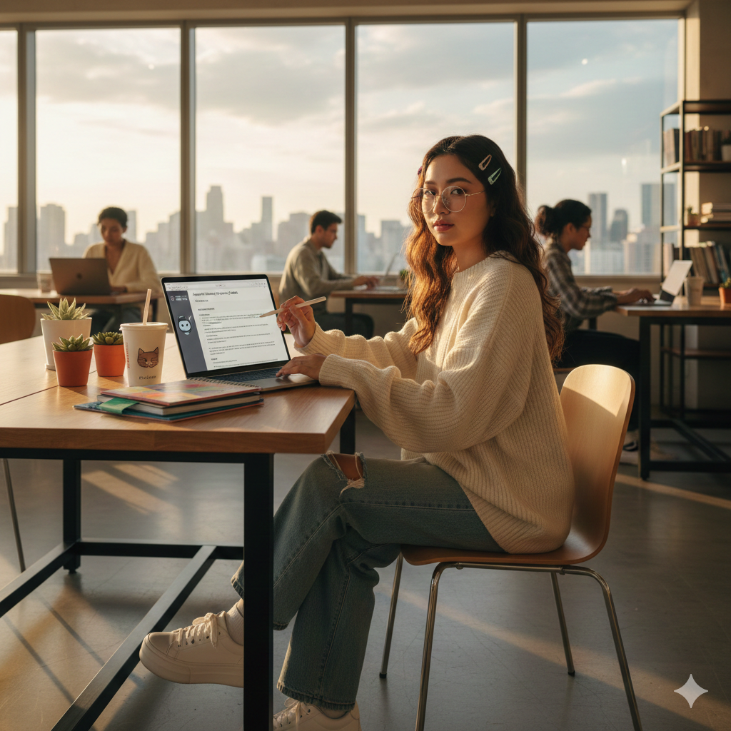Wanita muda Asia berkacamata sedang fokus mengetik di laptop dalam ruang kerja bersama yang modern dengan latar pemandangan kota.